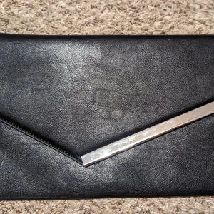 Black Soft Leather Envelope Clutch with Silver Accents and Straps Unbran…